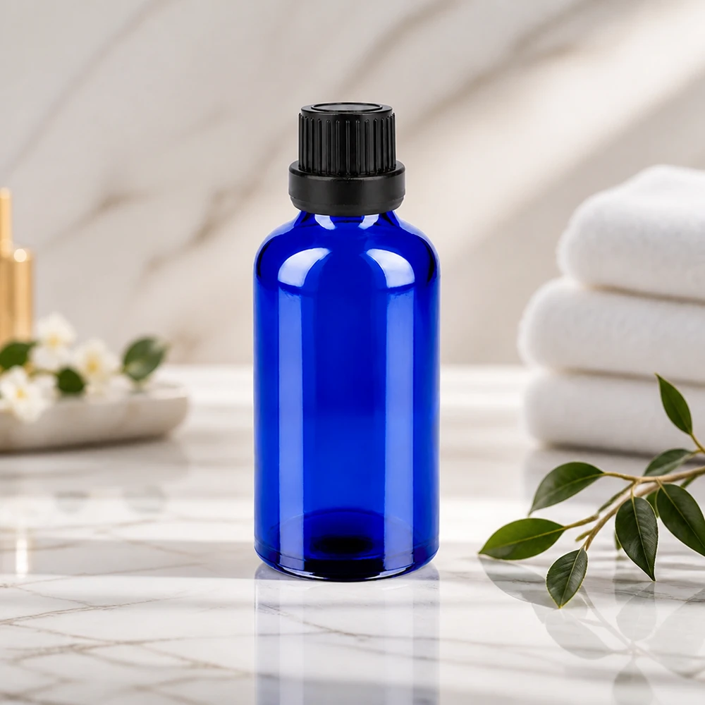 50ml láhev 11mm šroubovací uzávěr černý BlueLine UT18/50. Premium Glasverpackung 50ml in elegantem Blau mit schwarzem Verschluss für hochwertige Produkte