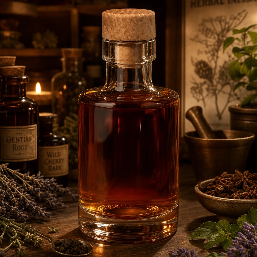 100ml Glasflasche Marie mit Holzkorken gefüllt mit brauner Tinktur in Apotheker-Ambiente mit Kräutern und Gewürzen