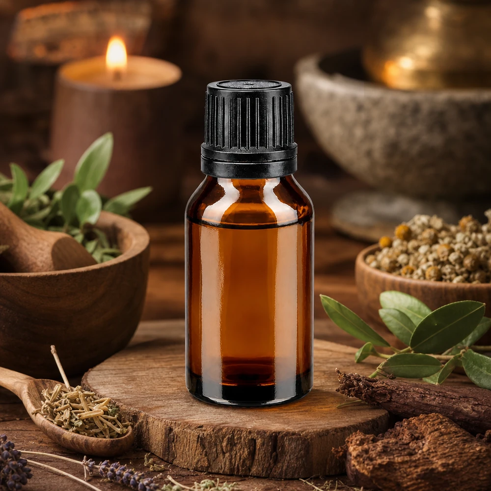 Medizinische Braunglasflasche 15ml mit schwarzem Tropfverschluss neben Kamillenblüten
