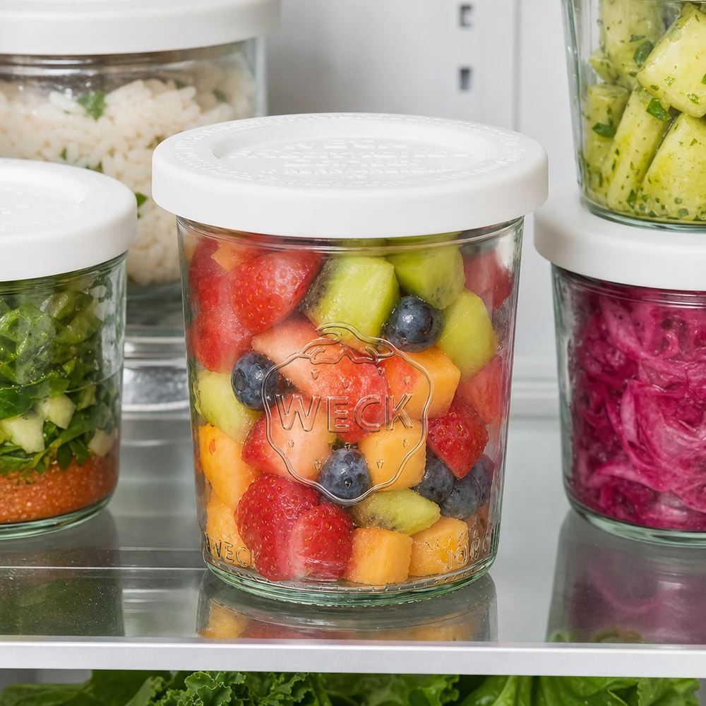 Zavařovací sklenice o objemu 160 ml s víčkem pro zachování čerstvosti WECK RR60. WECK 160ml Sturzglas RR60 mit buntem Obstsalat im Kühlschrank - Meal Prep Container für frische Früchte