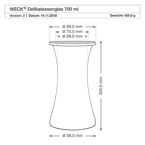 Sada 12 sklenic Weck o objemu 700 ml na lahůdky se skleněným víčkem. WECK Delikatessenglas 700ml RR80 technische Zeichnung mit Maßangaben 88mm Durchmesser 205mm Höhe Produktspezifikation