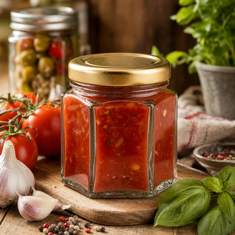 60g Honigglas mit goldenem Deckel BasicSeal UNiTWIST 60g Honigglas hexagonal mit Tomatenmarmelade gefüllt umgeben von frischen Tomaten Knoblauch und Basilikum