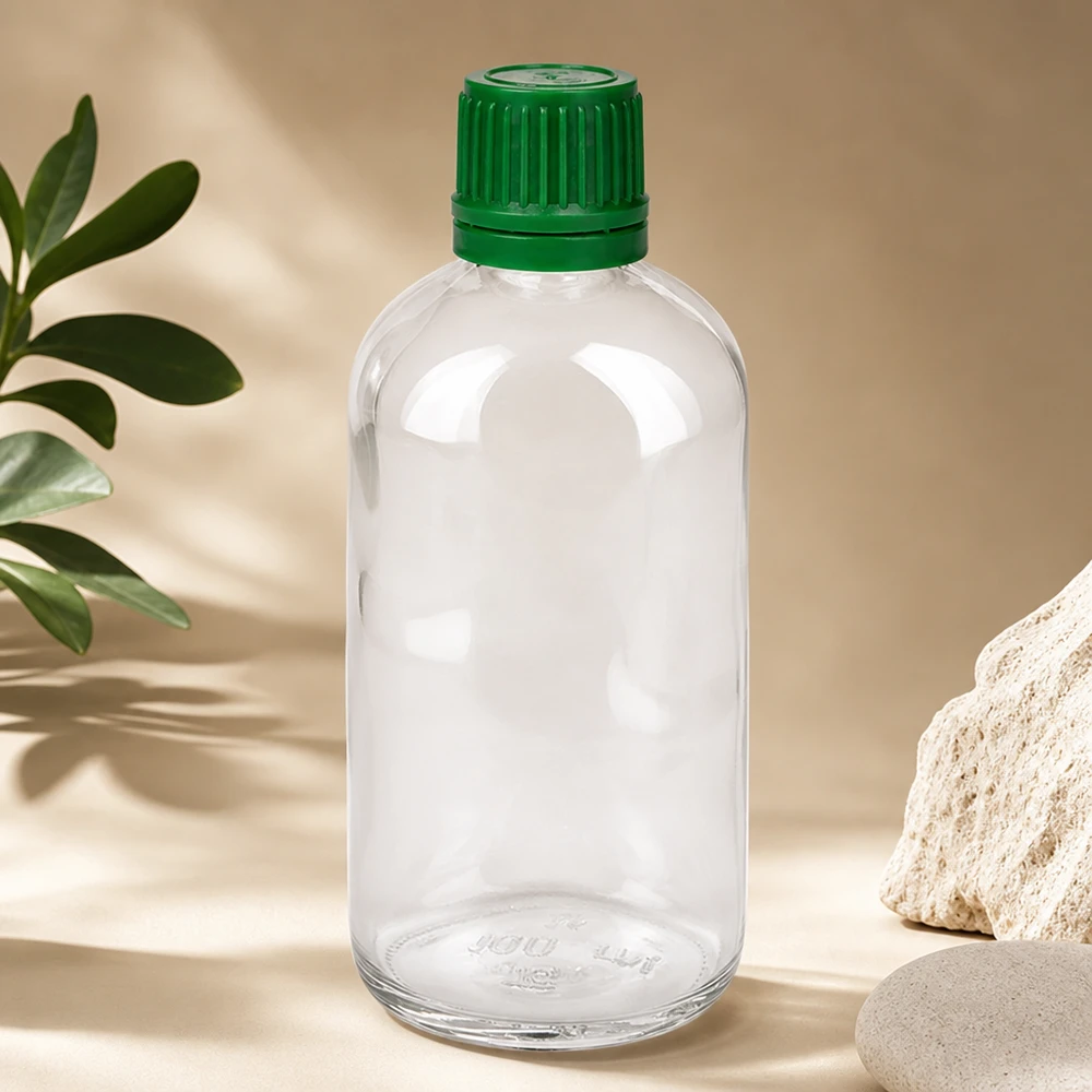 100ml láhev 11mm šroubovací uzávěr zelený uzávěr s ochranou proti manipulaci ClearLine UT18/100 Hochwertige 100ml Klarglasflasche ClearLine UT18 grüner Sicherheitsverschluss Naturstein Deko