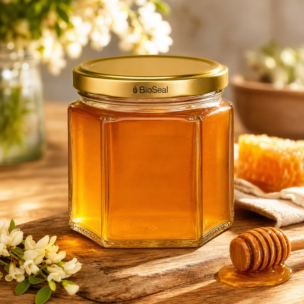 Šestihranná sklenice o objemu 47 ml se zlatým víčkem UNiTWIST BioSeal. Hochwertiges UNiTWIST Hexa47 Honigglas mit goldenem BioSeal Verschluss neben Honigwaben und Honiglöffel
