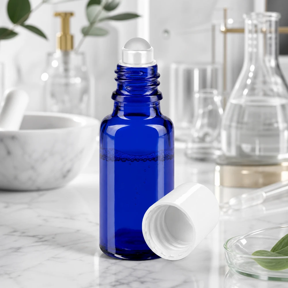 Lékárenská lahvička modrá 20ml roll-on uzávěr bílý Kompakte 20ml Rollonflasche in Blau mit abgenommenem weißem Deckel auf Marmoruntergrund