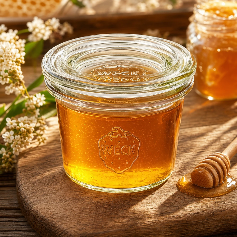 35ml kelímky se skleněným víčkem WECK RR40 WECK Sturzglas 35ml RR40 mit Honig gefüllt zwischen Blüten auf Holzbrett zeigt natürliche Verwendung