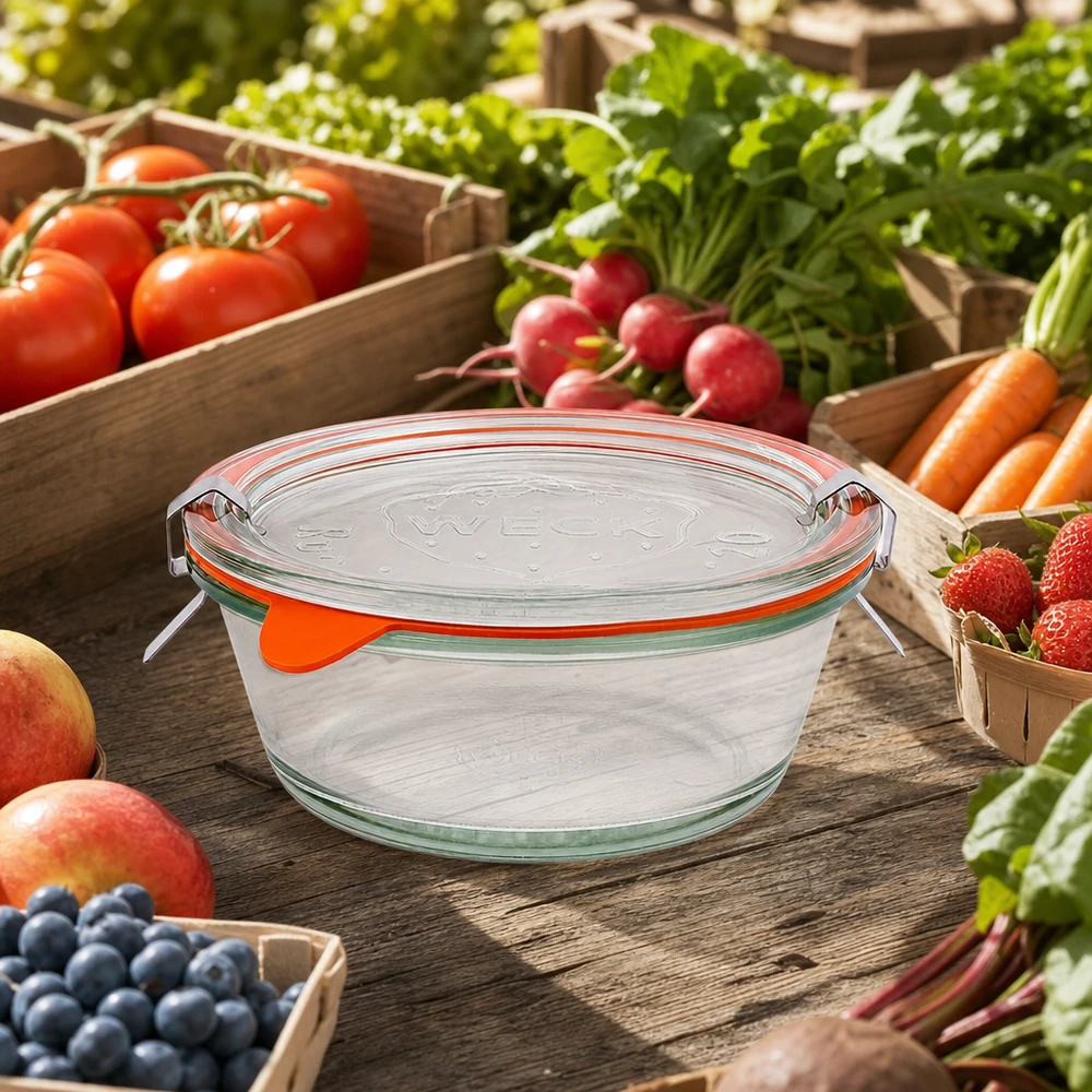WECK Gourmetglas 300ml RR120 umgeben von frischem Marktgemüse in Holzkisten, nachhaltige Glaskonservierung