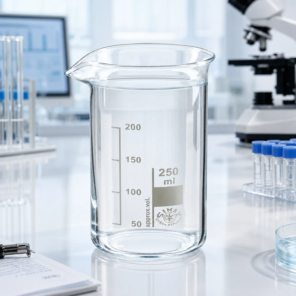 Kádinka 250ml z borosilikátového skla, vysoký tvar Laborglasware Becherglas 250ml hohe Form dickwandiges Borosilikatglas tschechische Herstellung SIMAX