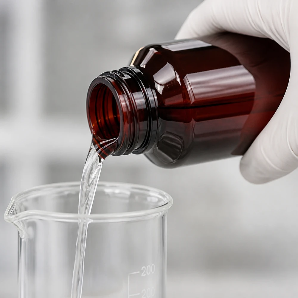 Laborant nalévá čirou kapalinu z hnědé PET láhve do kádinky se zeleným originálním uzávěrem o objemu 50 ml