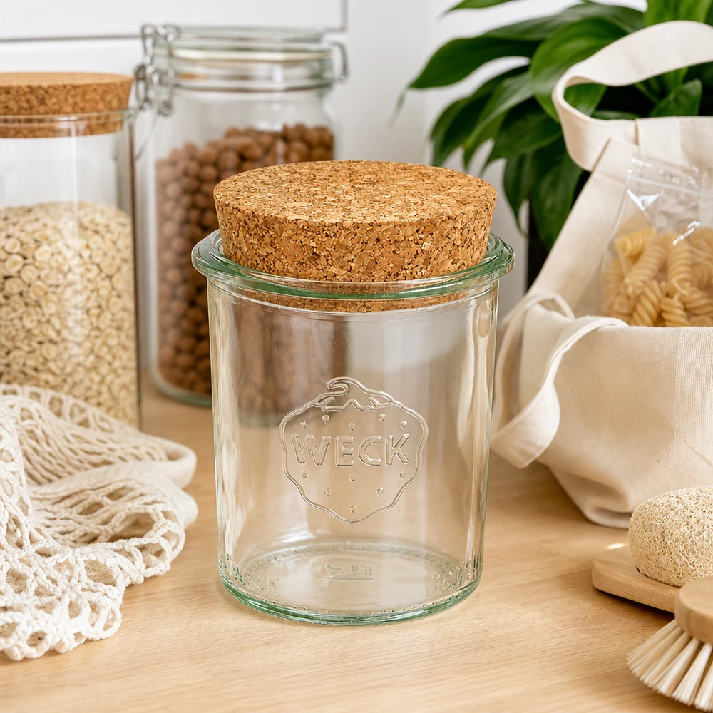 160ml sklenice WECK RR60 s korkem přírodní WECK Vorratsglas 160ml RR60 mit Korkdeckel in nachhaltiger Zero-Waste Küche zwischen Vorratsgläsern und Naturtextilien