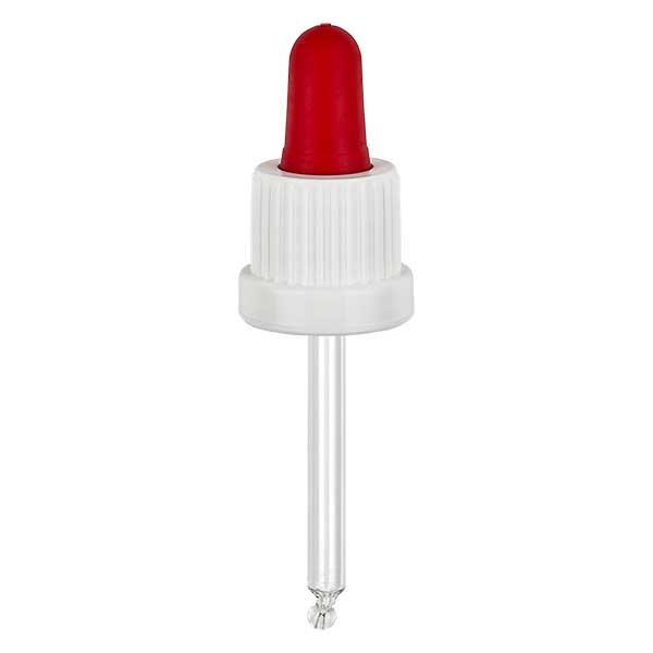 Skleněná kapací pipeta bílá/červená 18mm PL53.5 s uzávěrem odolným proti manipulaci. Skleněná kapací pipeta bílá/červená 18mm PL53.5 s uzávěrem odolným proti manipulaci.