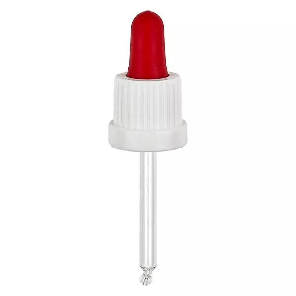 Skleněná kapací pipeta bílá/červená 18mm PL53.5 s uzávěrem odolným proti manipulaci. Skleněná kapací pipeta bílá/červená 18mm PL53.5 s uzávěrem odolným proti manipulaci.