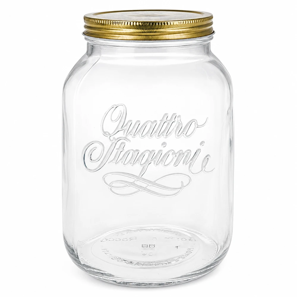 3000ml kulatá dóza "Quattro Stagioni" s víčkem Leeres 3000ml Quattro Stagioni Rundglas mit goldenem Schraubdeckel und geprägtem Logo auf weißem Hintergrund