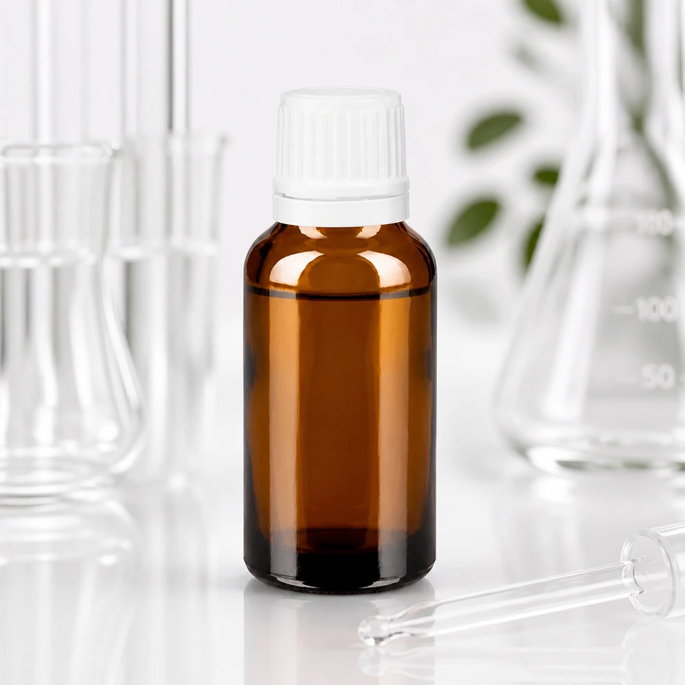 Lékárenská lahvička hnědá 20ml kapátko s uzávěrem 1,2mm bílý uzávěr proti neoprávněné manipulaci. Kompakte Braunglas Dosierflasche 20ml mit schmalem 0.7mm Tropfer und OV-Sicherung