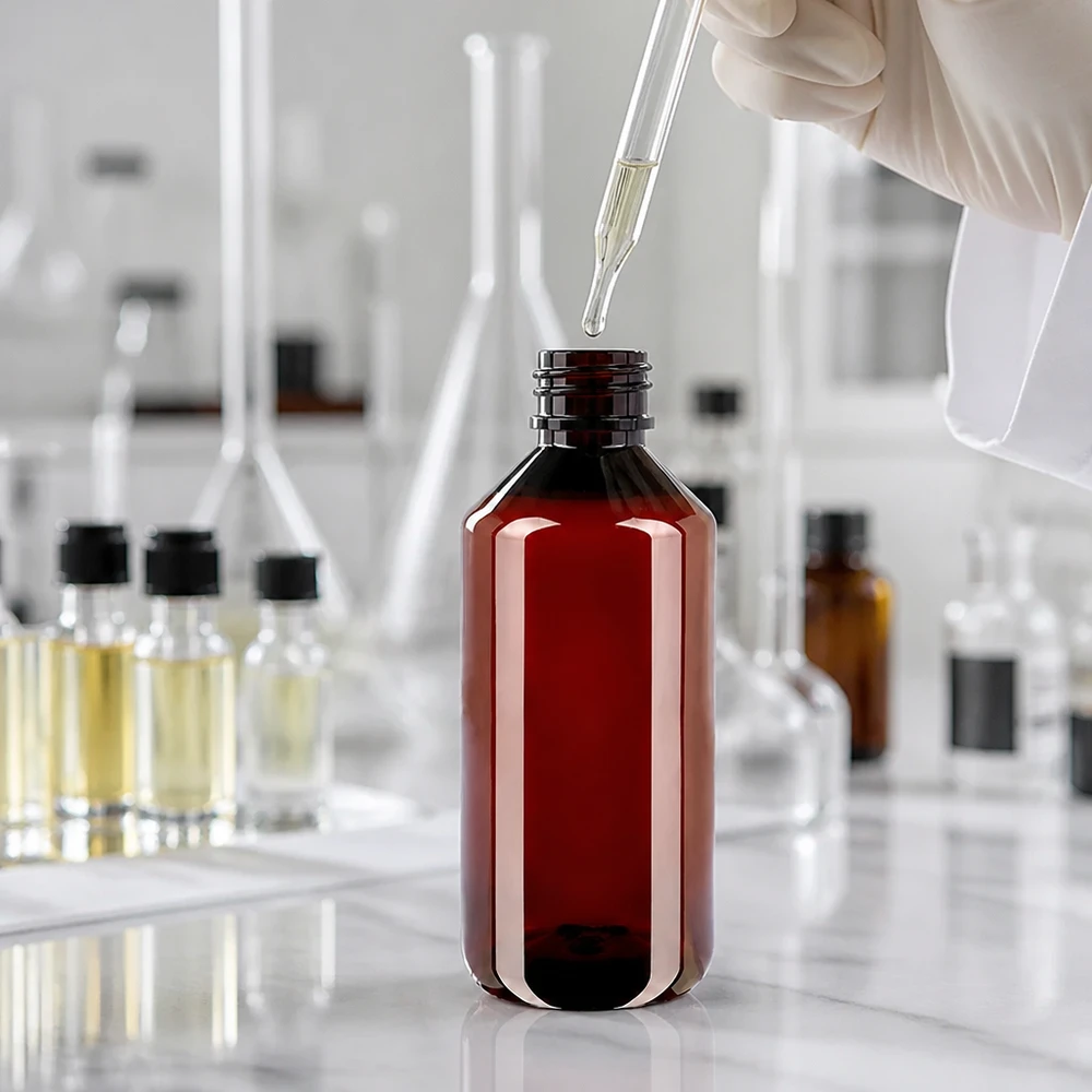 PET láhev 1000ml se zeleným uzávěrem, který je odolný proti manipulaci. Odolná PET plastová láhev o objemu 1000 ml, hnědá, se zeleným uzávěrem, určená pro laboratorní chemikálie