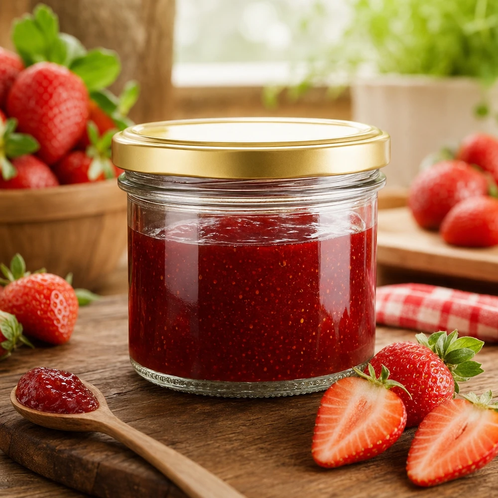 125ml kelímky s víčkem BasicSeal zlaté UNiTWIST 125ml Sturzglas mit goldenem BasicSeal Deckel gefüllt mit Erdbeermarmelade auf Holzbrett mit frischen Erdbeeren