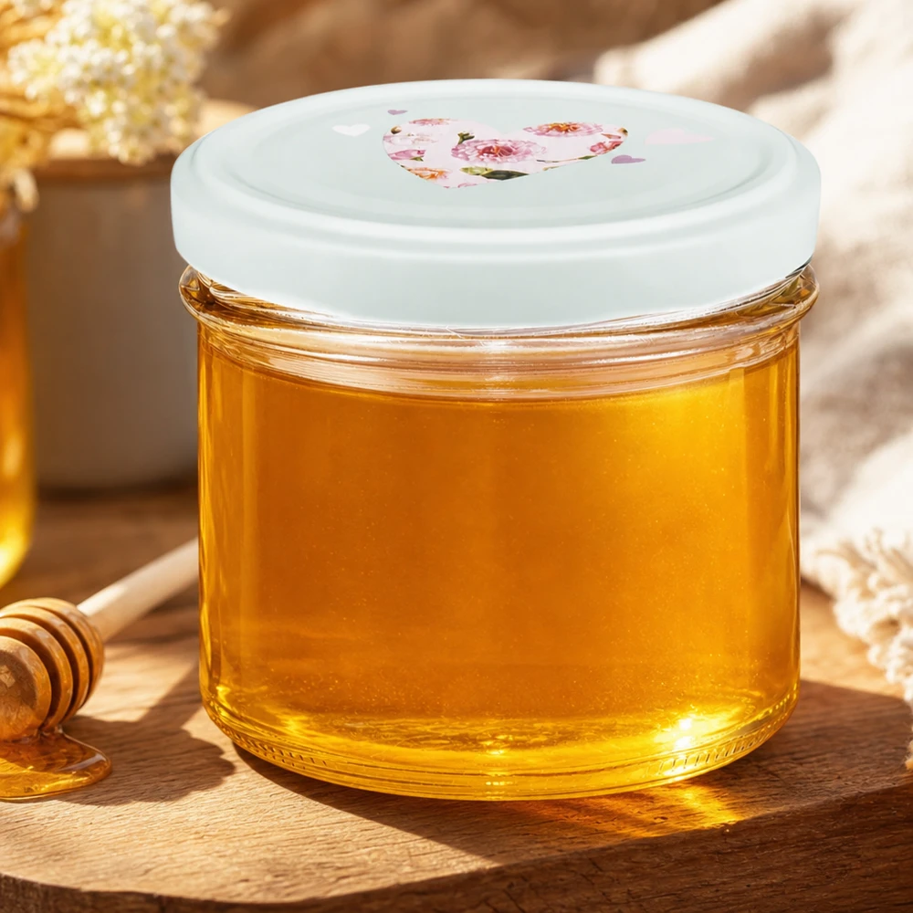 225ml Sturzglas mint BasicSeal Herz-Deckel gefüllt mit goldgelbem Honig auf Holztisch mit Honiglöffel