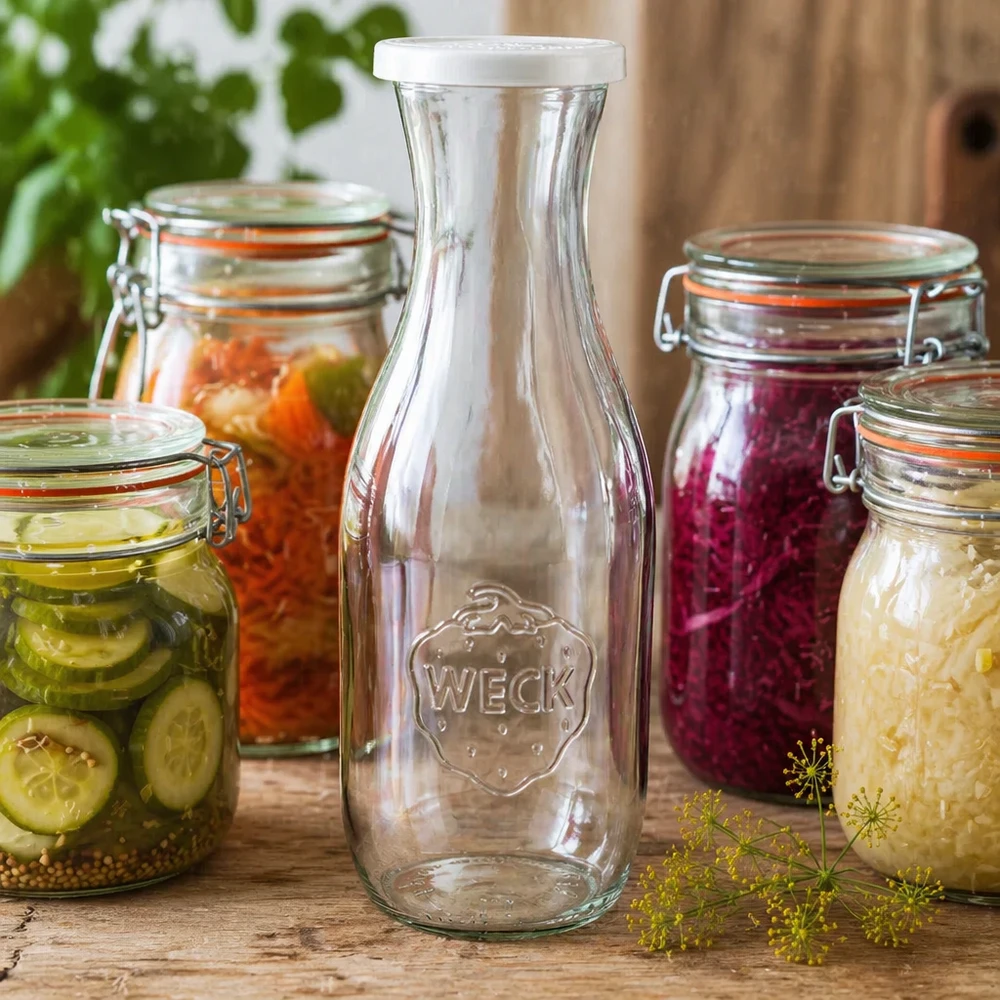 WECK Saftflasche 1062ml mit Frischedeckel als stilvolle Dekoration zwischen bunten Einmachgläsern mit eingelegtem Gemüse