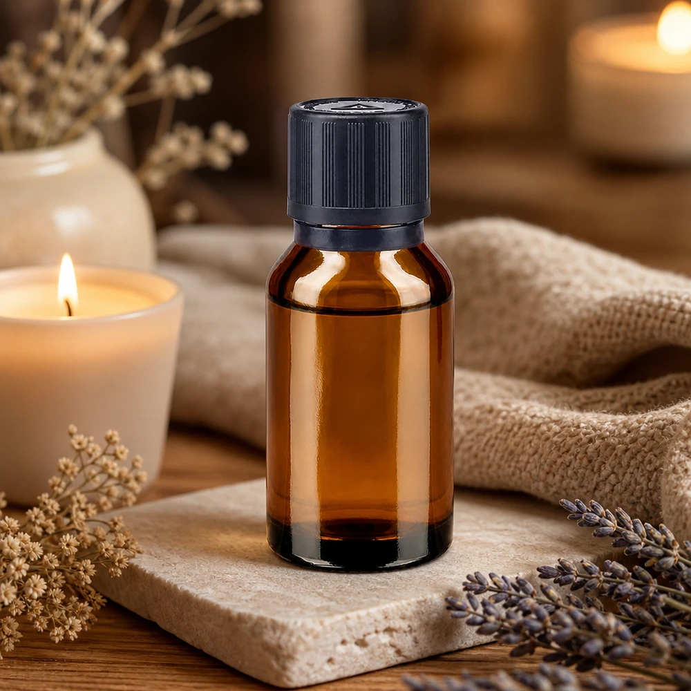 Lékárenská lahvička hnědá 15ml kapací uzávěr Nalévací kroužek 1mm černý Dětská pojistka Výstražný symbol pro nevidomé Uzávěr s ochranou proti ma Medizinische Braunglasflasche 15ml mit 1mm Präzisionstropfer auf Steinplatte mit Kerze