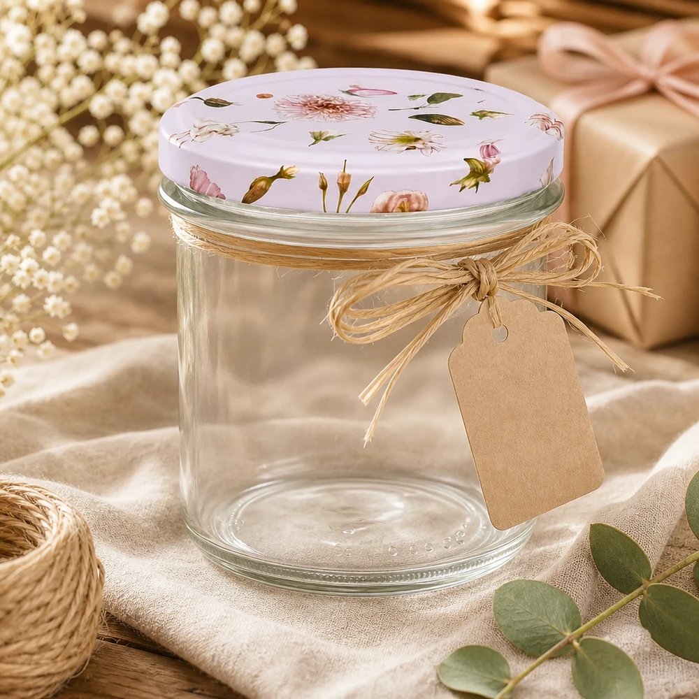 350ml sklenice + víčko BasicSeal flower pink UNiTWIST Sturzglas 350ml BasicSeal rosa Blumendekor als Geschenkidee mit Juteschleife Kraftpapier-Anhänger Dekoration