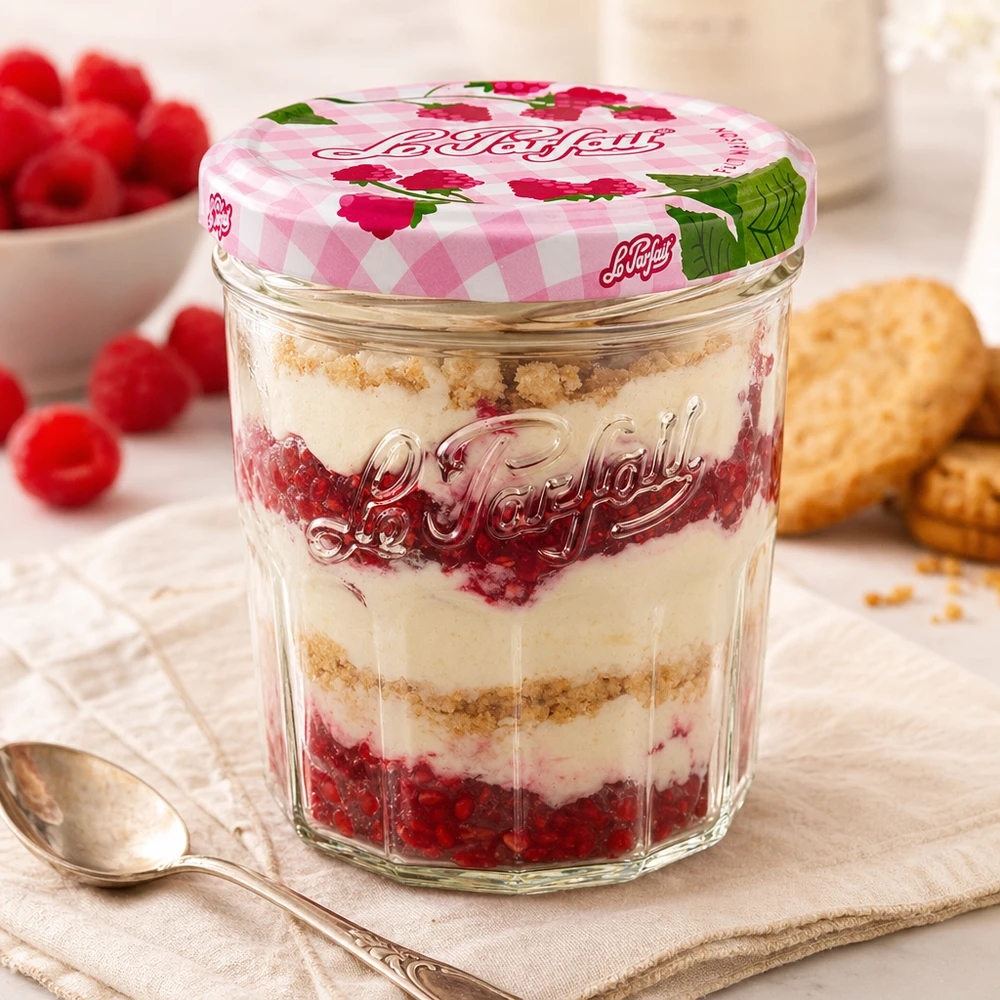 324ml Sturzglas "Jam" mit Schraubdeckel Le Parfait® 324ml Le Parfait Sturzglas mit Himbeer-Mascarpone-Dessert und dekorativem Schraubdeckel neben Löffel und Keksen