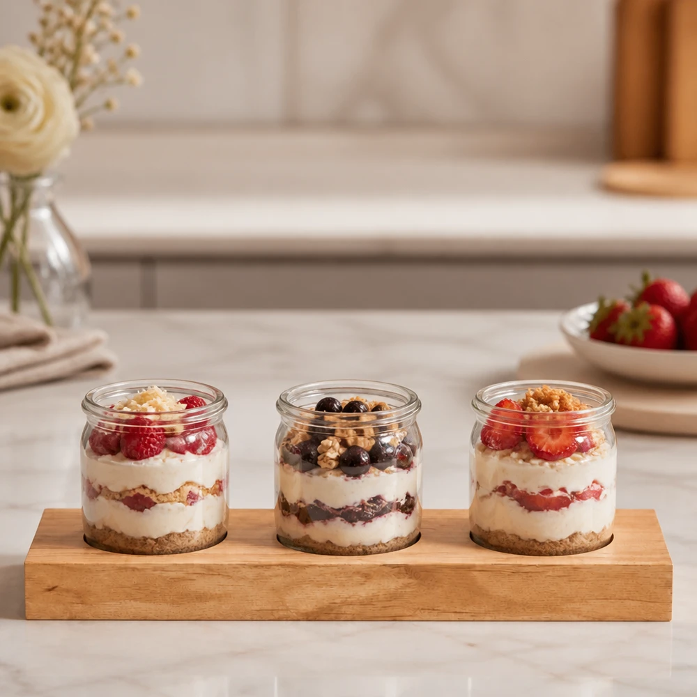 Servierbrett Plano3 mit drei WECK Gläsern gefüllt mit Joghurt-Desserts und Beeren auf Marmor-Küchentheke
