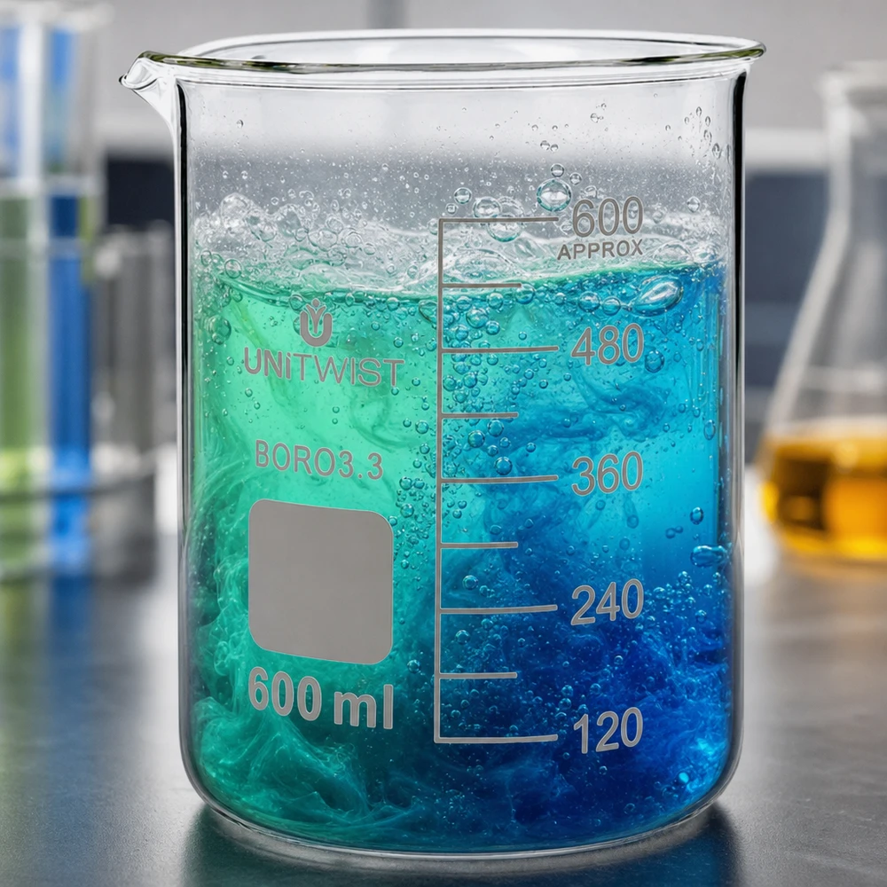 Kádinka 600 ml borosilikátová, nízká forma UNiTWIST Transparentes Becherglas 600ml UNiTWIST Borosilikat mit sprudelnder Farbstofflösung