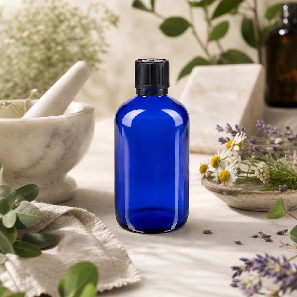 Lékárenská láhev modrá 100ml kapací uzávěr prémiový 1mm černý uzávěr odolný proti manipulaci dětmi. Rundschulter Apothekerflasche 100ml kobaltblau mit schwarzem Kindersicherheitsverschluss und Tropfeinsatz