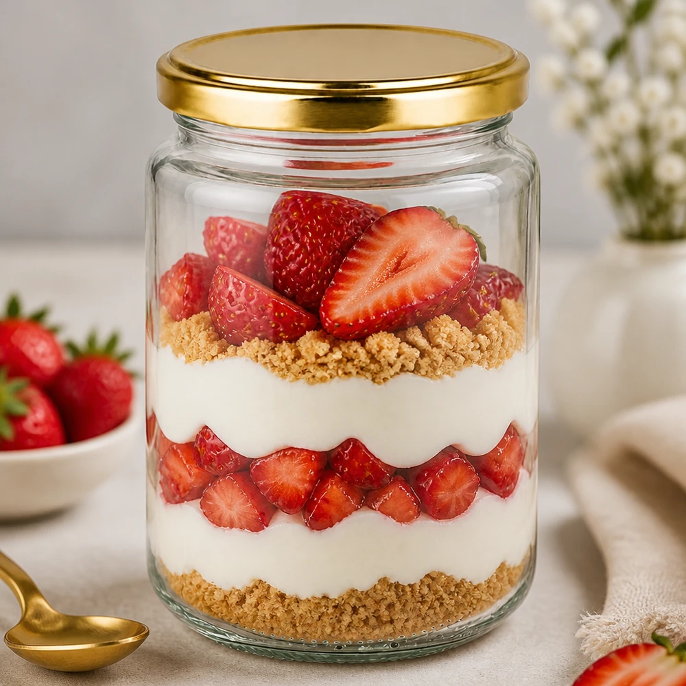 382ml kulatá sklenice s víčkem BasicSeal zlatá UNiTWIST 382ml Rundglas mit goldenem Deckel als Dessertglas mit Erdbeeren und Kekskrümeln in eleganter Küche