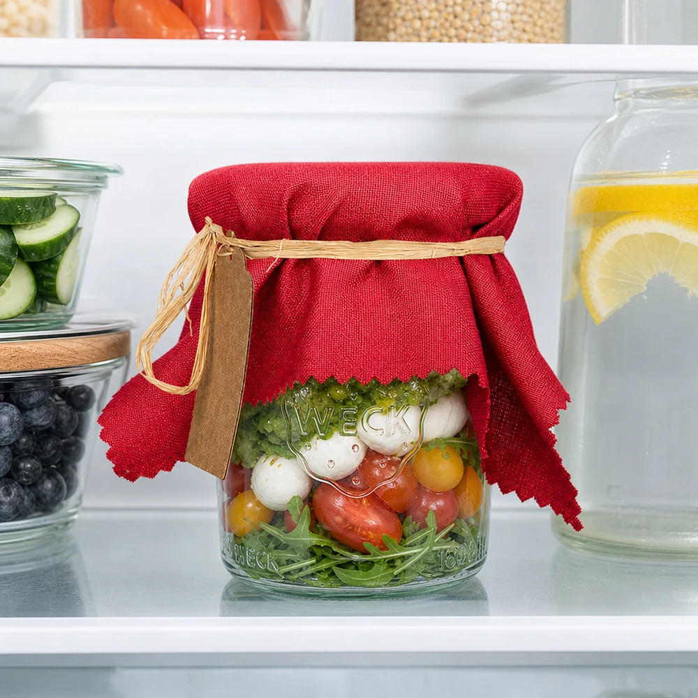 Látkový ubrousek na šperky bordó 15 cm čtvercový Bordeauxrotes Stoff Schmuckdeckchen 15cm eckig auf Gemüsesalat-Glas im Kühlschrank neben Gurken und Zitronenwasser