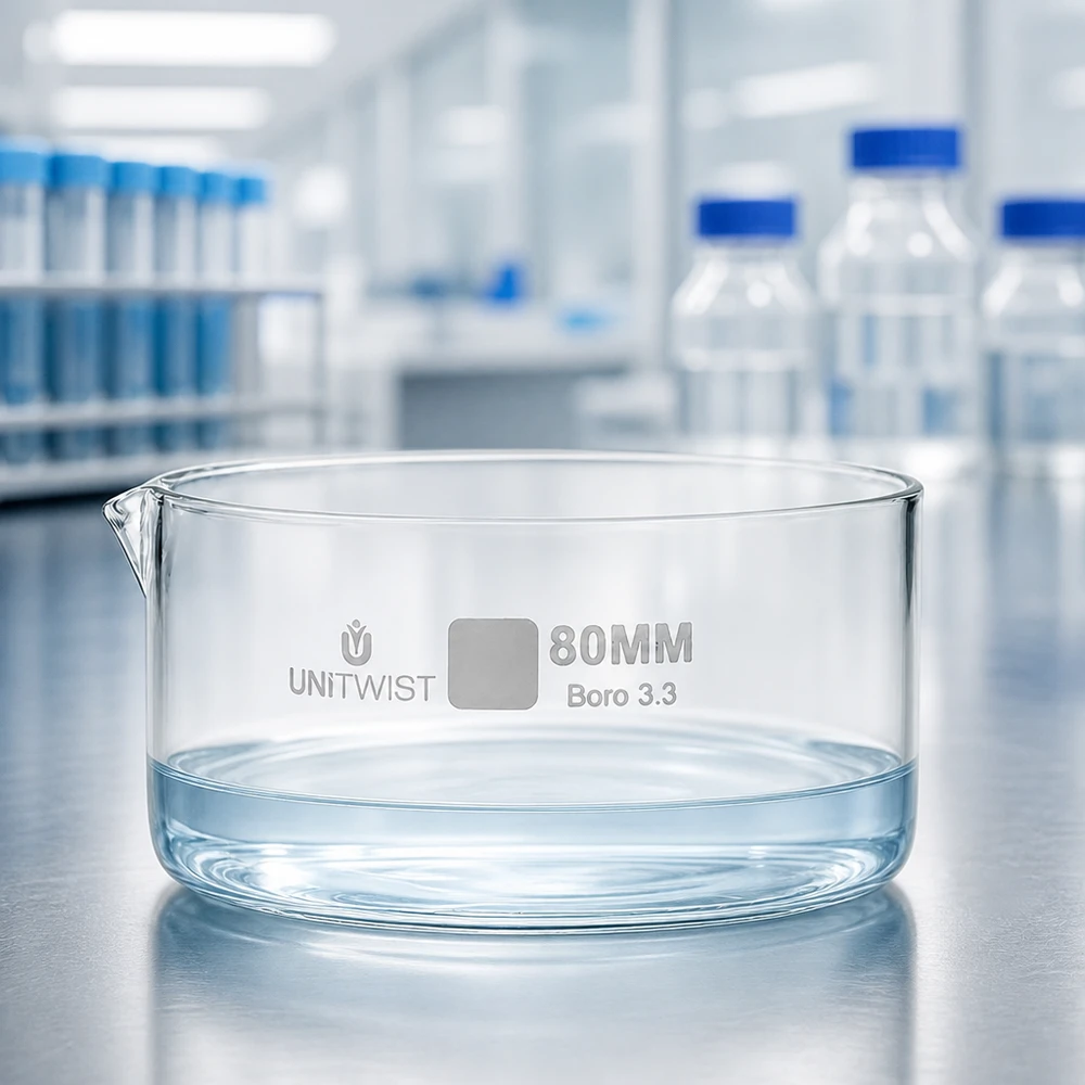 Krystalizační miska ø80 mm z borosilikátového skla UNiTWIST Kristallisierschale Boro 3.3 ø80mm UNiTWIST dickwandiges Glas vor Laborflaschen blauer Kappe