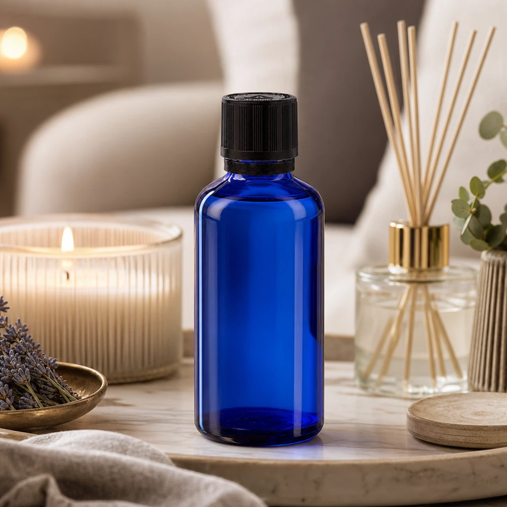 Lékárenská láhev modrá 50ml kapátko uzávěr nalévací kroužek 1mm černý dětský bezpečnostní zámek výstražný symbol tamper evident uzávěr. Blaues Apothekerfläschchen 50ml mit Tropfer auf hellem Stein umgeben von Aromatherapie-Accessoires
