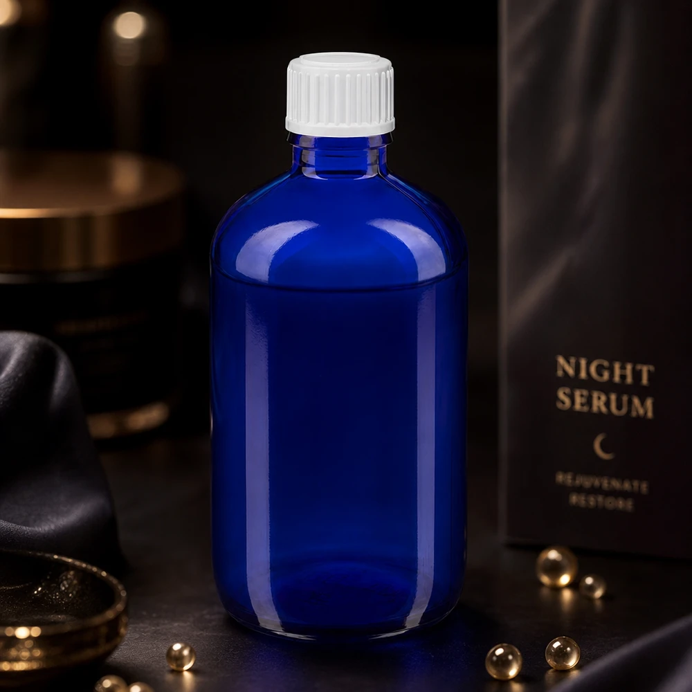 UV-schützende 100ml Blauglasflasche mit STD Weißverschluss für lichtempfindliche Pflegeprodukte
