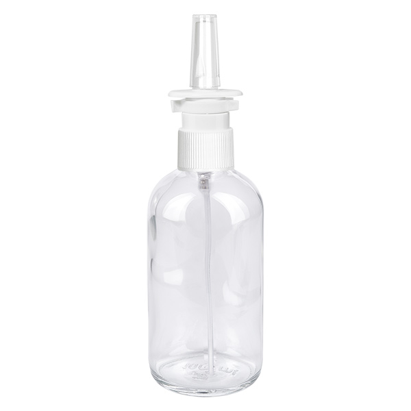 100ml lahvička na nosní sprej bílá/průhledný standardní uzávěr ClearLine UT18/100 Wiederbefüllbare 100ml Glasflasche transparent mit weißem Nasenspray-Pumpverschluss