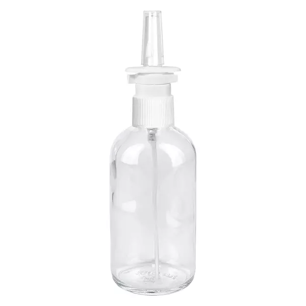 100ml lahvička na nosní sprej bílá/průhledný standardní uzávěr ClearLine UT18/100 Wiederbefüllbare 100ml Glasflasche transparent mit weißem Nasenspray-Pumpverschluss