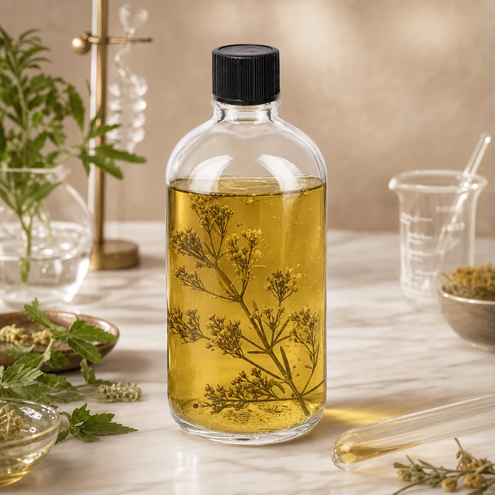 100ml kapátko lahvička 1mm černá standardní uzávěr ClearLine UT18/100 Befüllte ClearLine Standardflasche 100ml UT18 mit goldgelbem Kräuteröl und botanischen Elementen