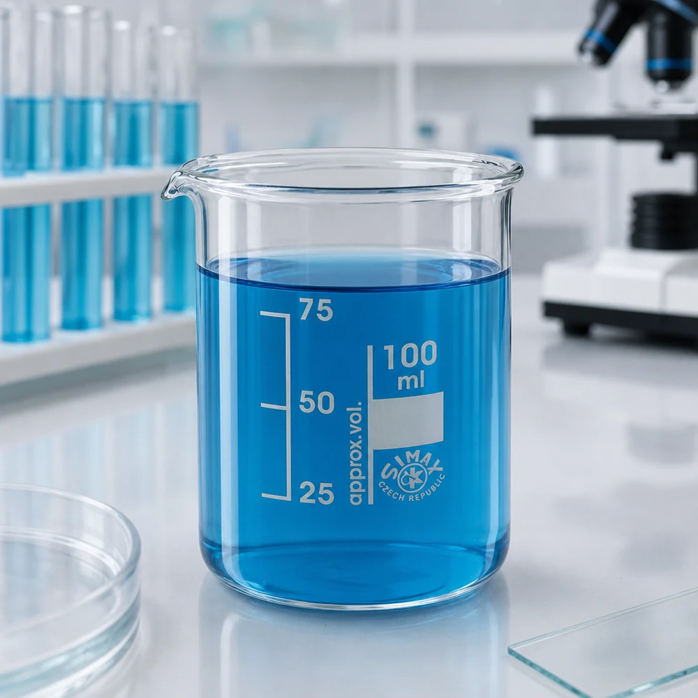 Kádinka 100ml z borosilikátového skla, nízký tvar. Präzisions-Becherglas 100ml niedrige Form aus transparentem Borosilikatglas für genaue Dosierung