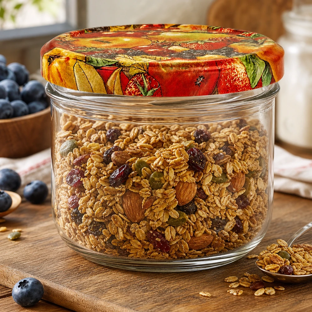 260ml kelímky + víčko BasicSeal s ovocným dekorem UNiTWIST. 260ml Einmachglas mit Obst-Deckel gefüllt mit Müsli und Nüssen als Vorratsbehälter in der Küche