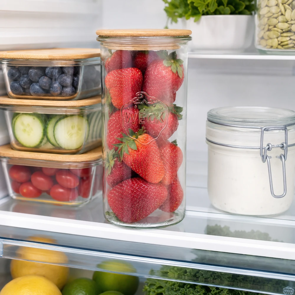 WECK Sturzglas 1500ml RR100 mit Holzdeckel im Kühlschrank gefüllt mit frischen Erdbeeren für Frischhaltung