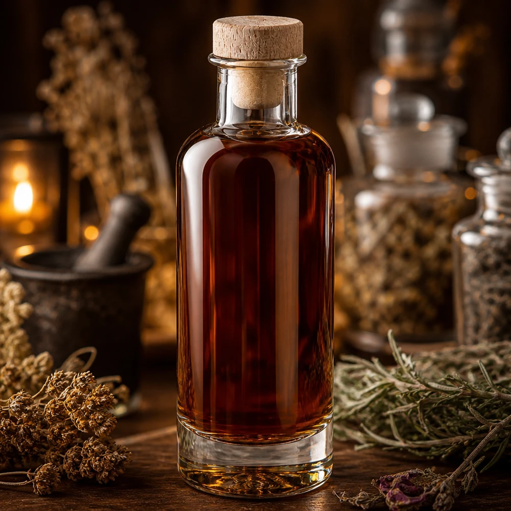 200ml Glasflasche "Ella" mit Holzgriff-Korken UNiTWIST 200ml Glasflasche Ella mit Holzkorken gefüllt mit braunem Elixier in rustikaler Alchemisten-Atmosphäre mit Kräutern