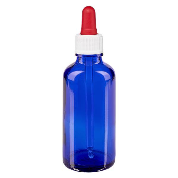 Lékárenská láhev modrá 50ml pipeta bílá/červená standardní Lékárenská láhev modrá 50ml pipeta bílá/červená standardní