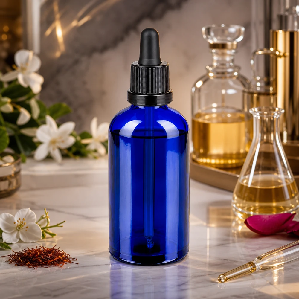 100ml pipetovací láhev černá s uzávěrem proti neoprávněné manipulaci BlueLine UT18/100 Premium Glasflasche 100ml mit Pipettenaufsatz in elegantem Blau-Schwarz Design für Naturkosmetik