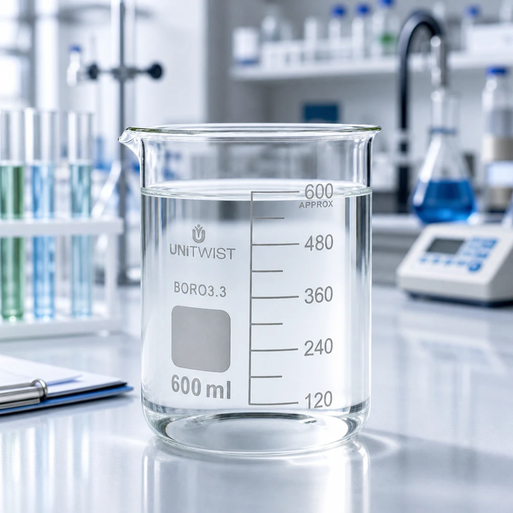 Kádinka 600 ml borosilikátová, nízká forma UNiTWIST UNiTWIST Becherglas 600ml Borosilikat niedrige Form mit Teilung 120 bis 600ml APPROX