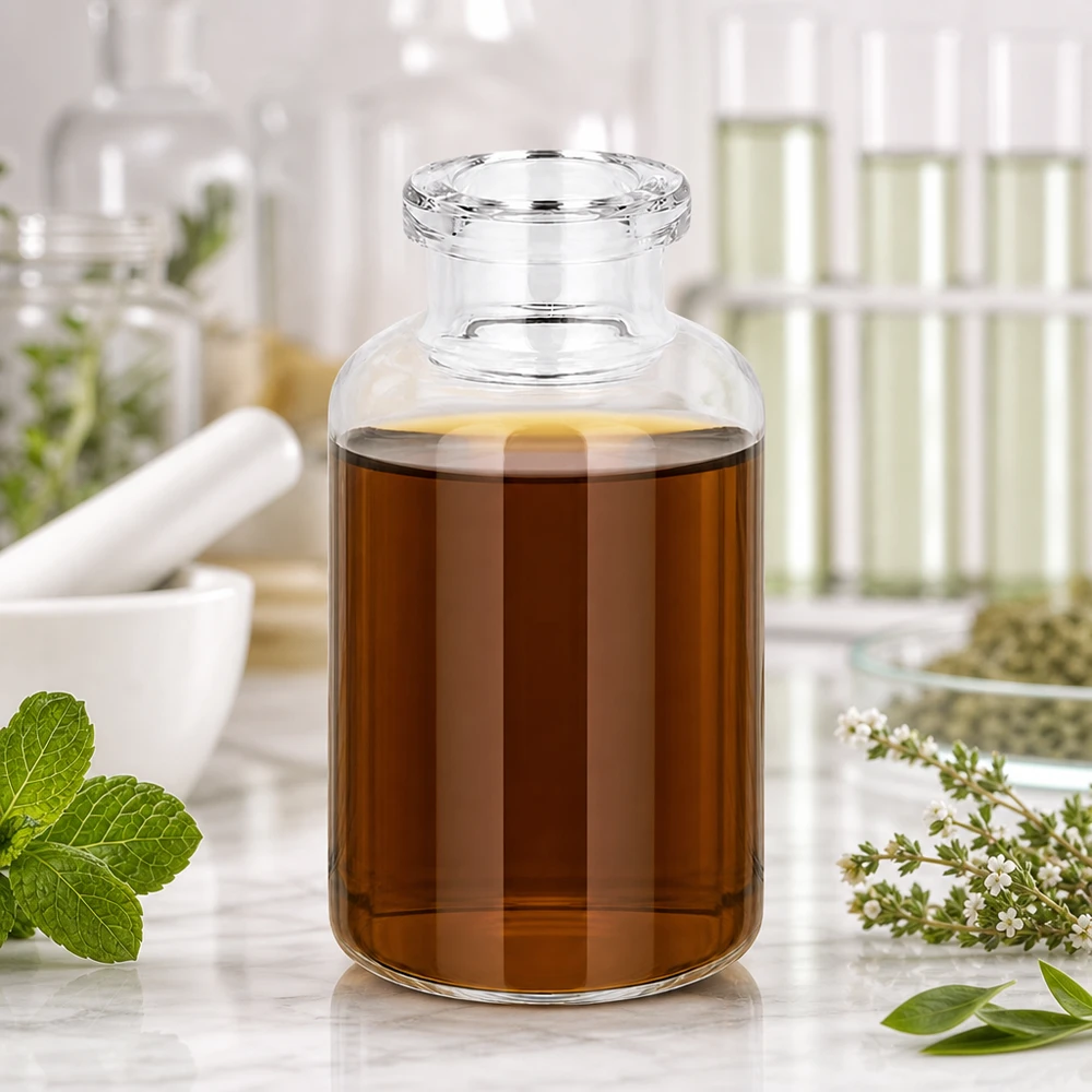 Injektionsflasche 20ml Klarglas mit dunkelbraunem Pflanzenextrakt und Minze Thymian Dekoration