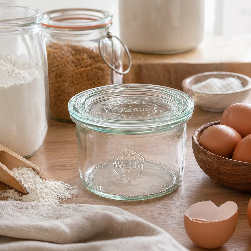 Zavařovací sklenice 200ml se skleněným víčkem WECK RR80 WECK Sturzglas 200ml RR80 mit Glasdeckel in rustikaler Küche zwischen Backzutaten Mehl Eiern und Vorratsgläsern