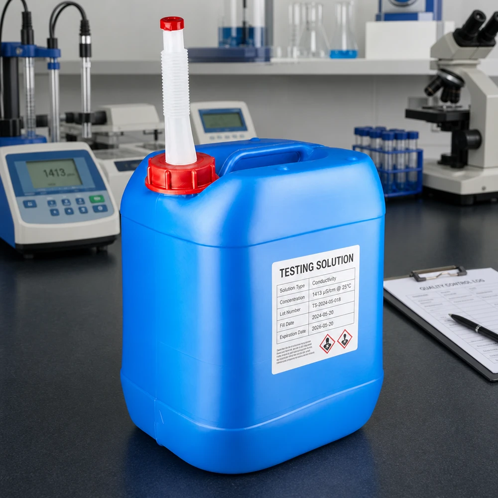 Kanystr 20 litrů modrý s výpustným potrubím Flex Kanister 20L blau mit GHS-Kennzeichnung und weißem Flex-Auslaufrohr für Testlösungen