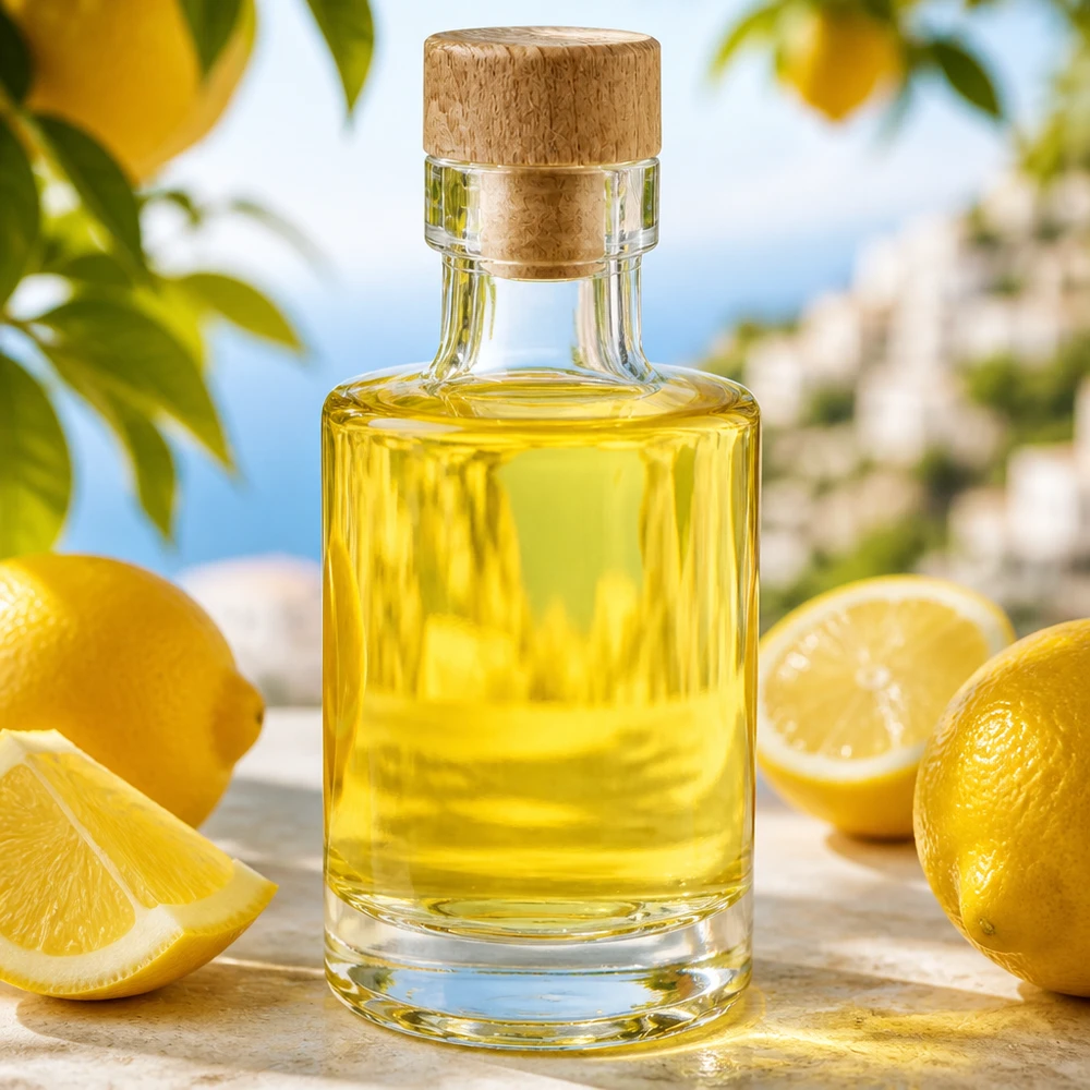 100ml Glasflasche Marie mit Holzkorken gefüllt mit gelbem Öl umgeben von Zitronen in mediterraner Atmosphäre