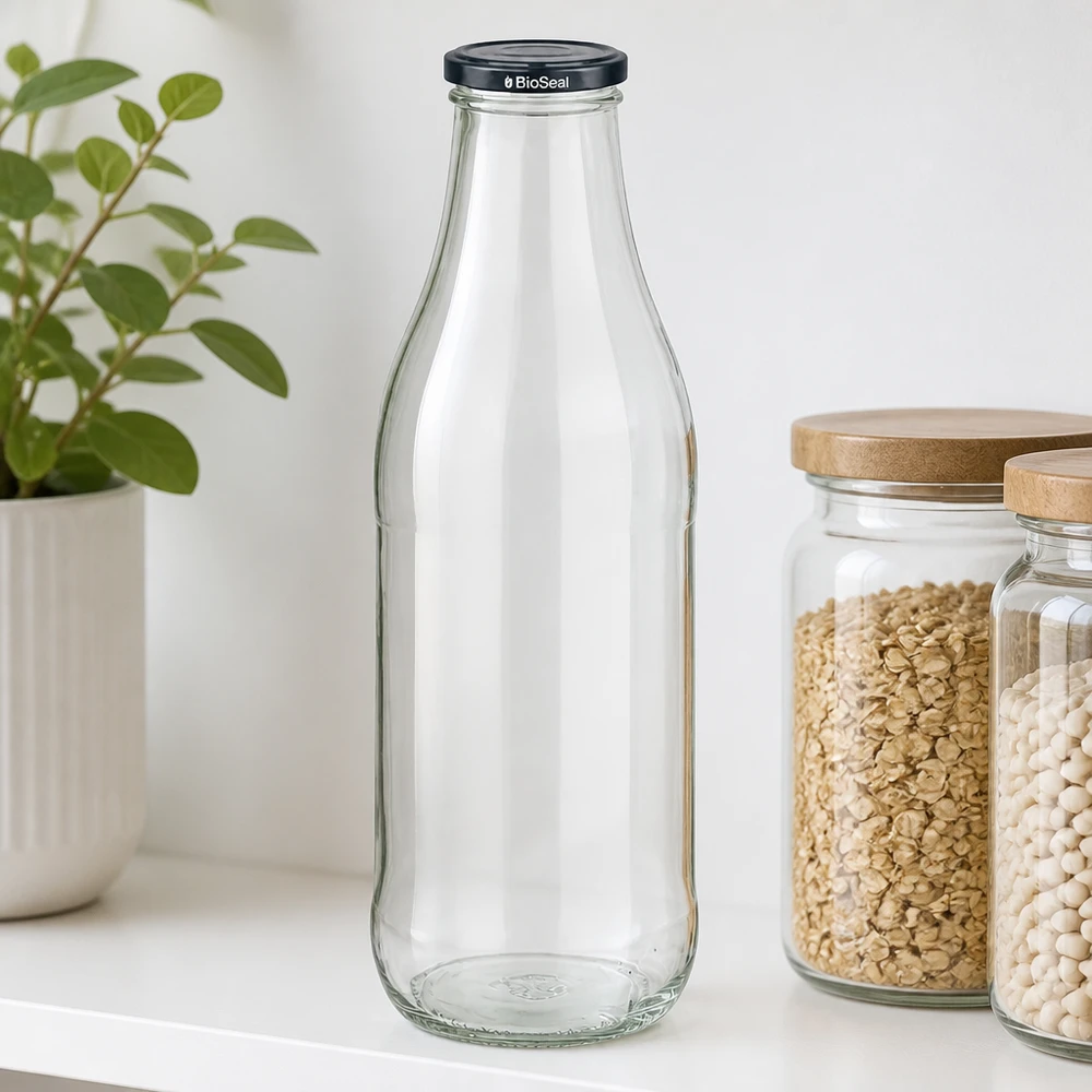 1000ml skleněná láhev + víčko BioSeal černé UNiTWIST 1000ml Glasflasche BioSeal Deckel schwarz Küchenregal Haferflocken weiße Bohnen Vorratsgläser Holzdeckel Pflanze