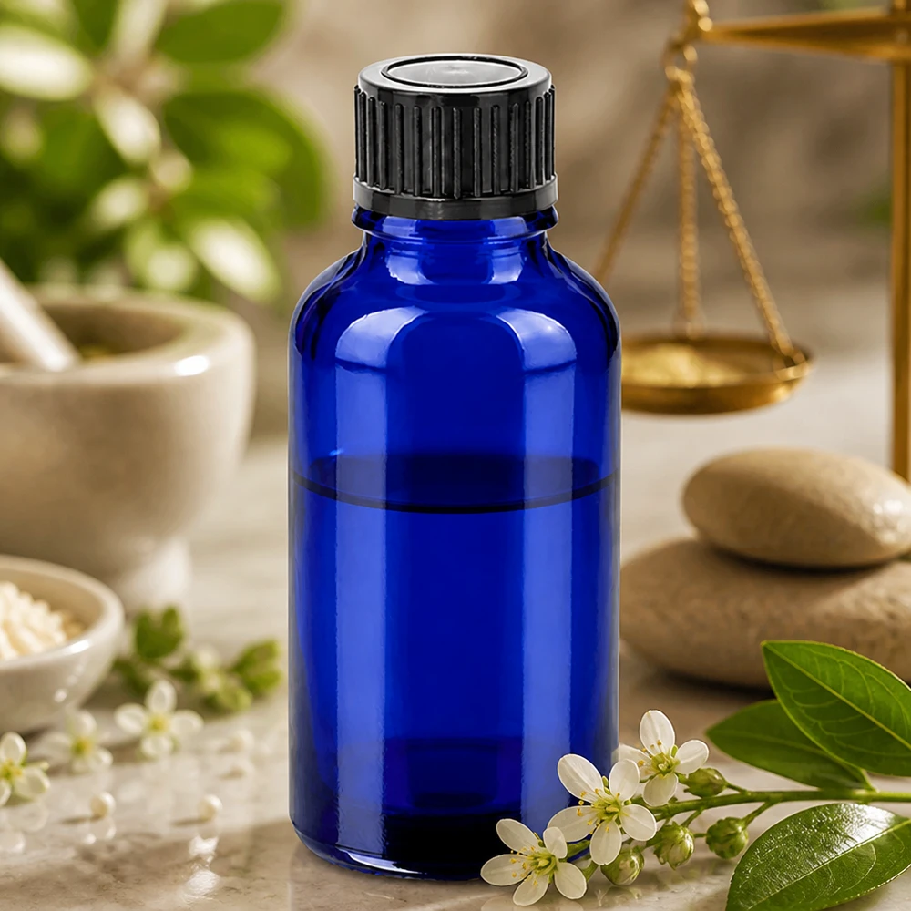 Stilvolle 30ml Kobaltglas Flasche mit matter schwarzer Kappe für edle Produktpräsentation