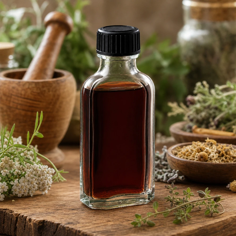 50 ml čirý šroubovací uzávěr Meplat s těsnicím diskem LKD Kompakte 50ml Klarglasflasche mit geripptem Kunststoffdeckel in natürlicher Kräuterumgebung